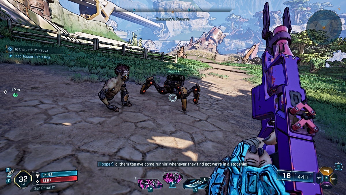 Interacting with Topper's Leggies in Borderlands 4